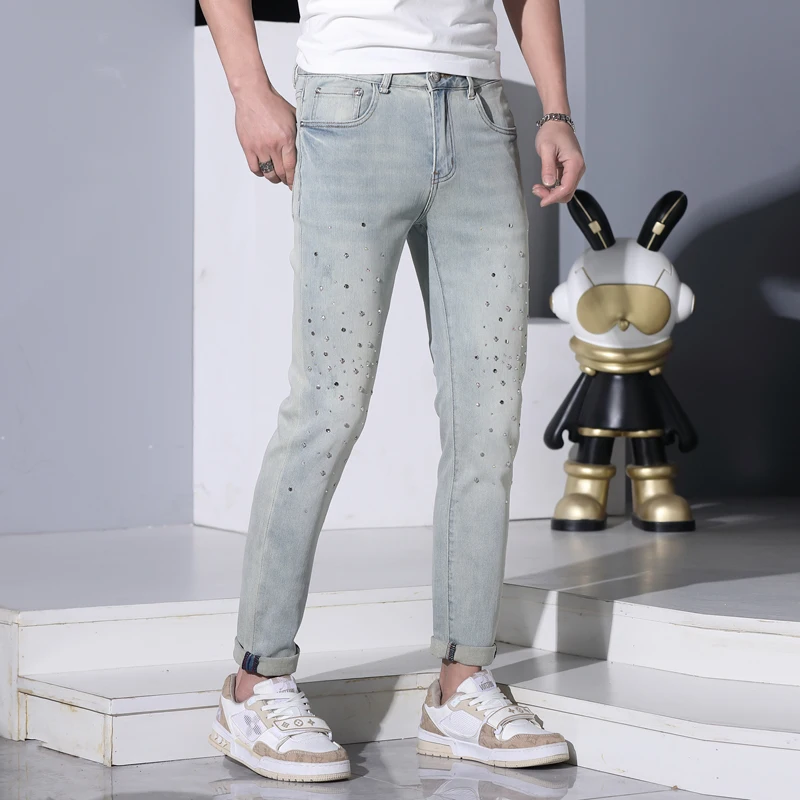 

2024 Summer thin jeans MEN'S FASHION rhinestone design Stretch Slim fit pencil casual fashion brand light blue pants