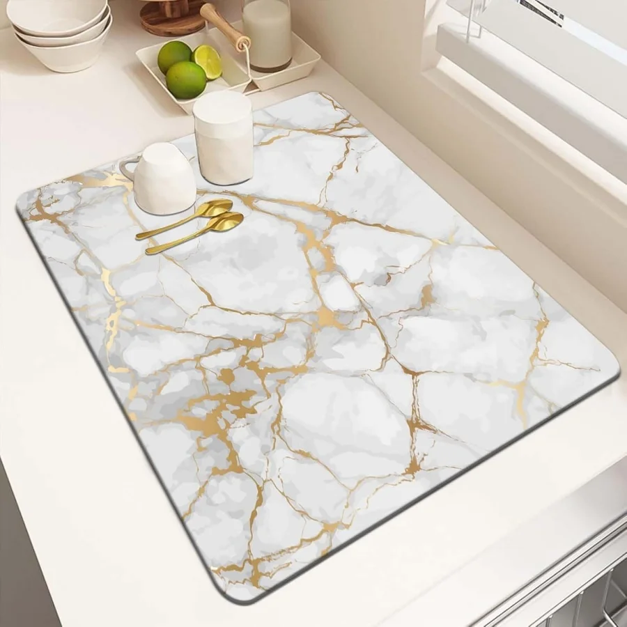 Black Gold Marble Draining Mat for Kitchen Counter Super Absorbent Drying Pad for Coffee Machine Heat Resistant Non-Slip Luxury