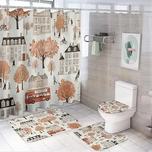 4Pcs Medieval House Tree London Shower Curtain Sets with Rugs Toilet Lid Cover and Bath Mat Shower Curtains Set with 12 Hooks