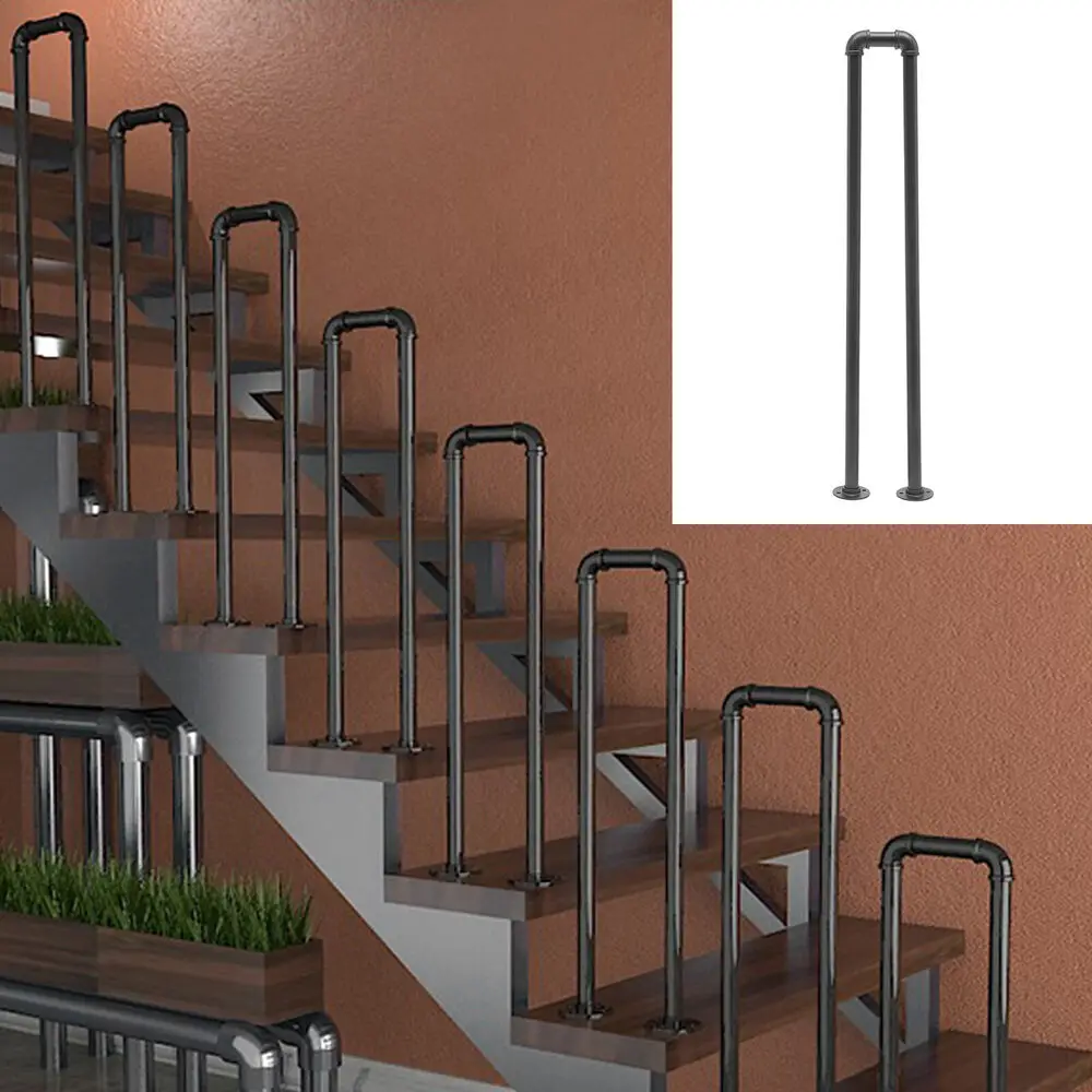 100cm Retro Non-Slip Safety Stair Handrail, Black U-Shaped Railing for Indoor/Outdoor Use