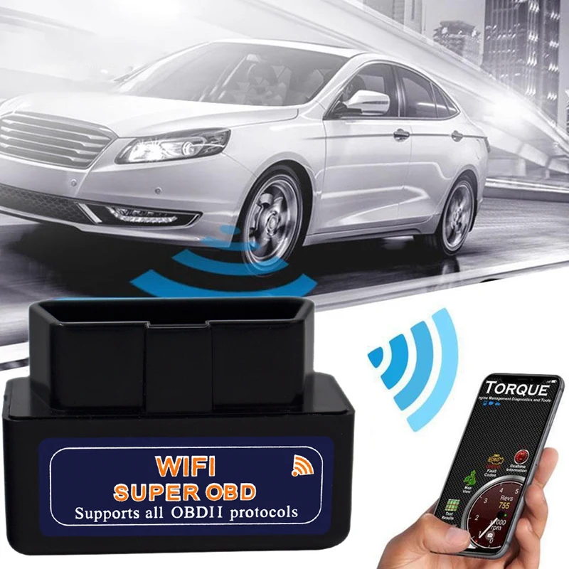 أداة تشخيص أعطال السيارات OBD2 السوداء للسيارة ، قارئ رموز OBD 2 ، OBDII ، ELM327 ، V1.5 ، WiFi