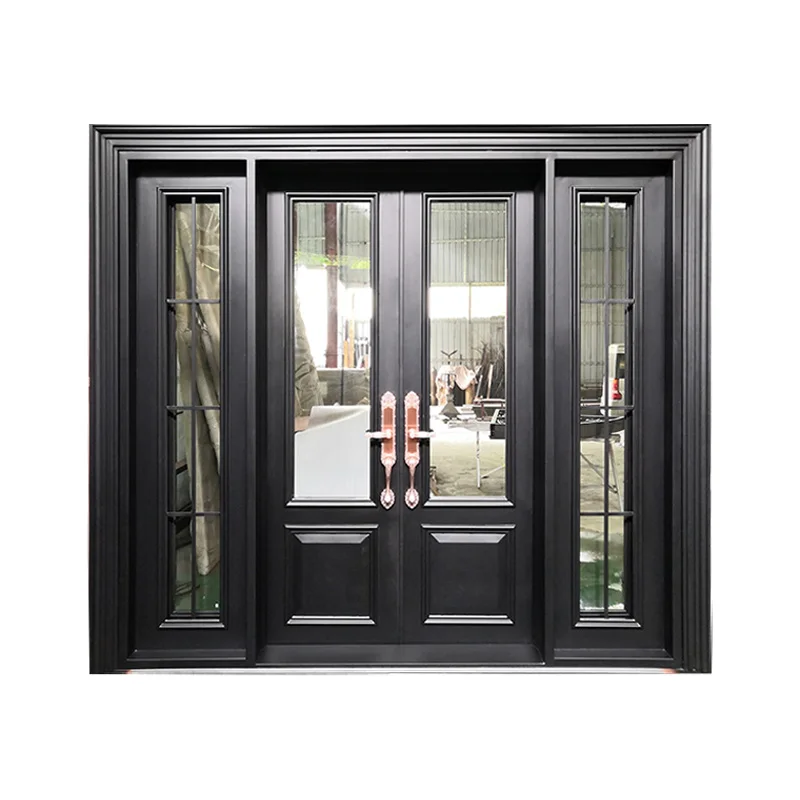 

Iron Door Front Entry Door Double Tempered Glass Luxury Design High Quality Wrought Iron Security Forged Component