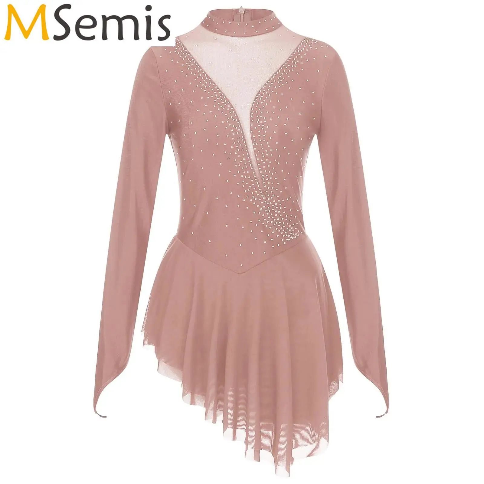 

Womens Figure Ice Skating Outfit Ballet Dance Costume Glittery Rhinestone Sheer Mesh Dress Irregular Hem Long Sleeve Dresses