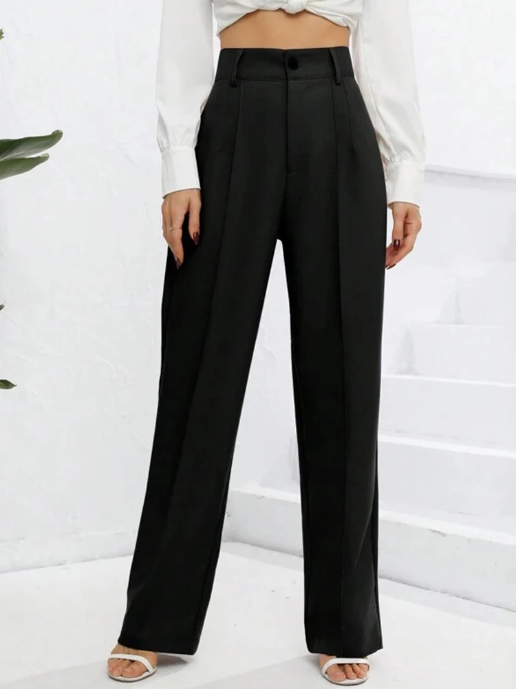 Fashionable pleated black business suit pants with front pocket straight leg pants, retro high waisted zipper women\'s suit pants