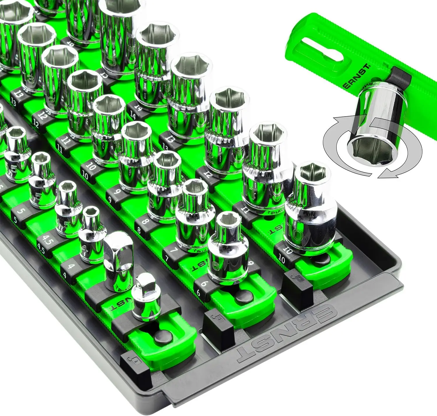 

Universal Twist-Lock Socket Organizer Tray, 3-Rail Multi-Drive Holder for Toolbox, Secures 57 SAE/Metric Sockets, Green, Made in