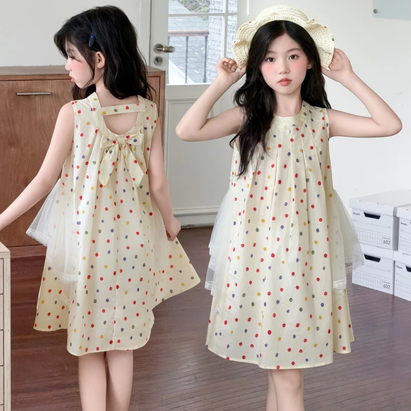 Girls Colorful Polka Dot Sleeveless Dress, Summer Flowy A-line Sundress with Lace Mesh Side Panels, Sweet Casual Daily Beach Vac