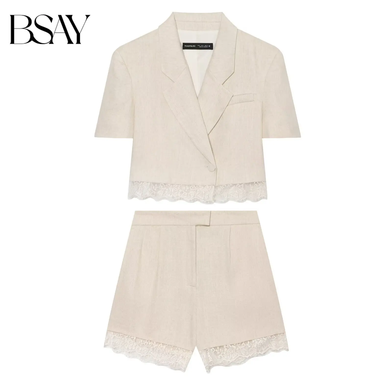 BSAY Damen-Set mit Spitzenbesatz, kurzärmeligem, kurzem Blazer und hochtaillierten Shorts, zweiteiliges Set, elegante Sommeroutfits für die Arbeit und den Alltag.