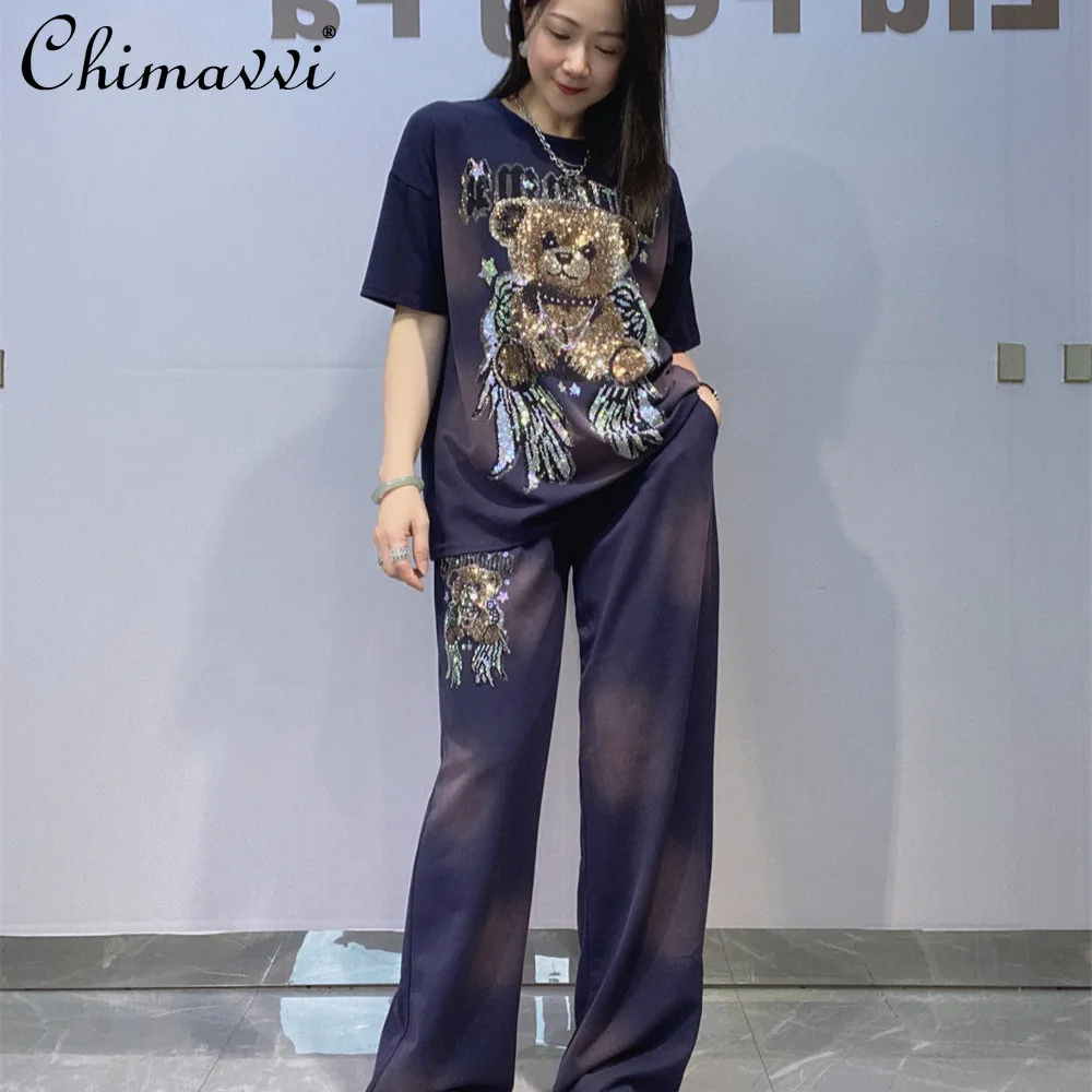 

Oversized Tie-dye Rhinestone Short-sleeve Straight-leg Pants Set Women Summer Cartoon Short-sleeve T-shirt Two-piece Set Women