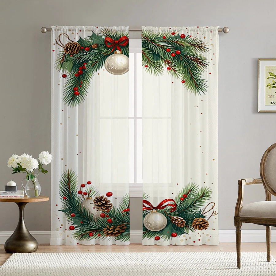 2PCS Christmas Winter Sheer Curtains, Berry Bauble Bow, Digital Print, Bedroom Living Room, Rod Pocket Polyester, Home Decor