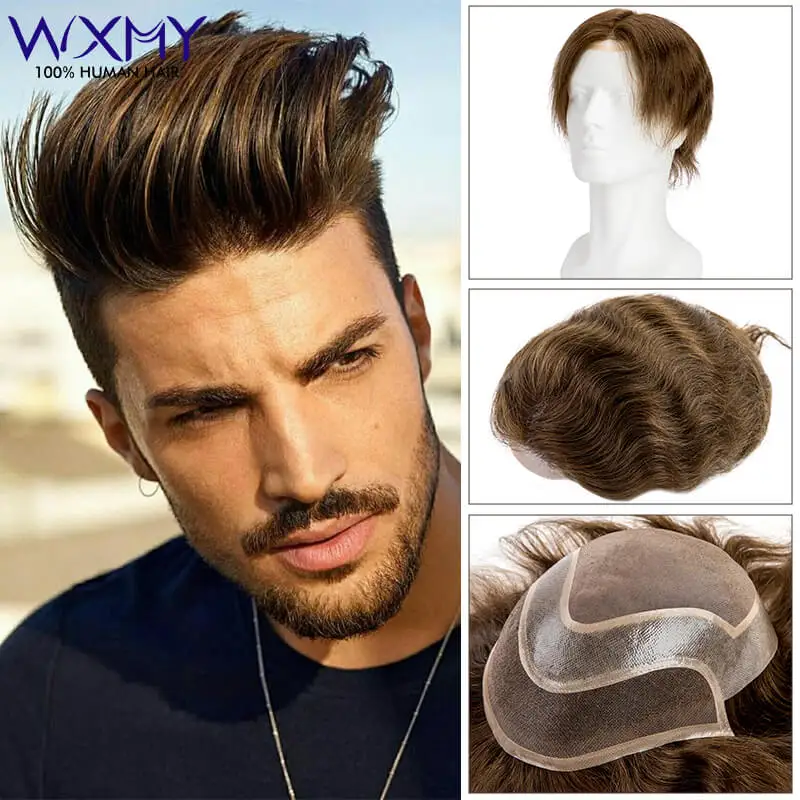 

Brown Men's Wig Mono Lace Pu With Lace Front Male Hair Prosthesis 100% Human Hair Men's Capillary Prothesis Natural Hairline Wig