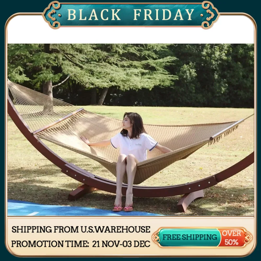 10 foot double hammock, hand woven polyester hammock with support rods, 450 pound capacity extra large outdoor hammock