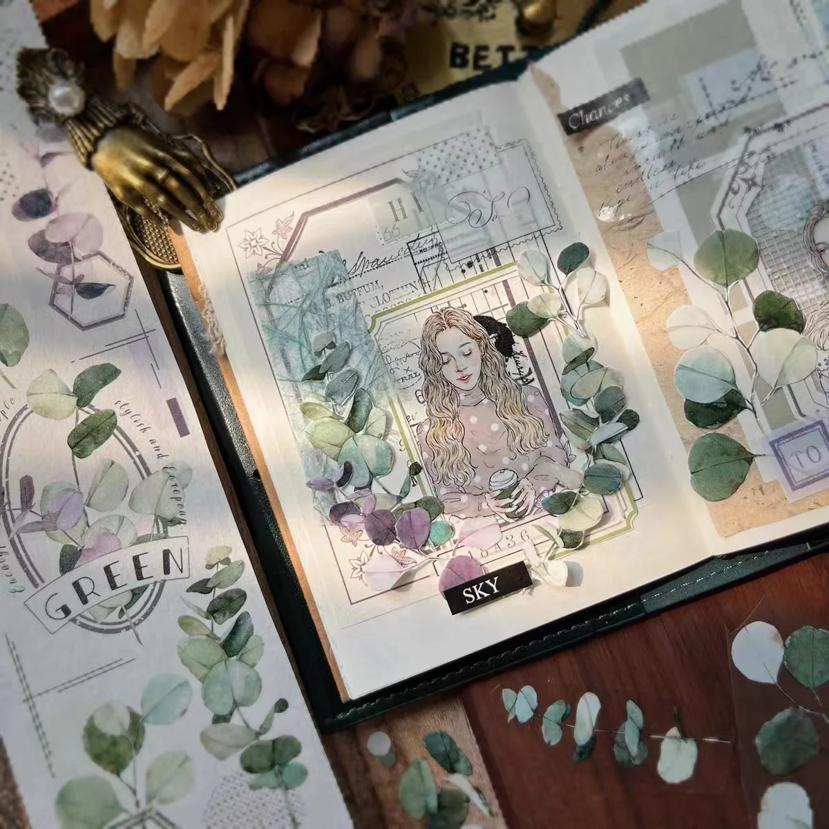 Vintage Green Eucalyptus Leaves Washi PET Tape per Planner Card Making DIY Scrapbooking Plan adesivo decorativo