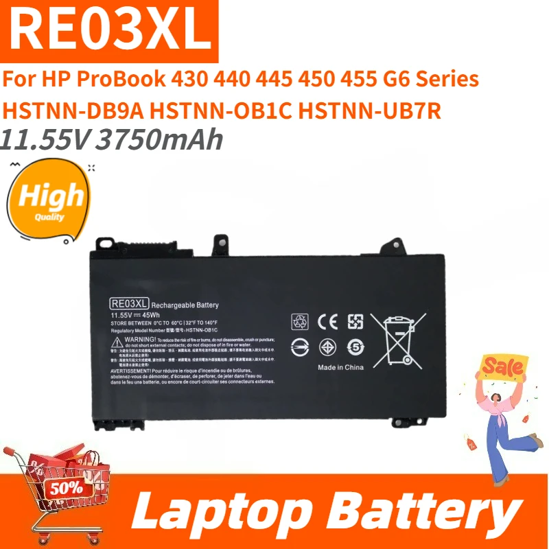 

New Replacement Laptop Battery 11.55V 3750mAh RE03XL for HP ProBook 430 440 445 450 455 G6 G7 L32407-AC1 HSTNN-DB9A HSTNN-OB1C