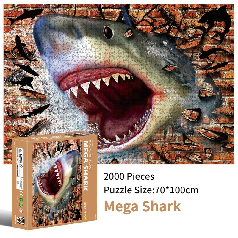 

70*100cm 2000pcs Advanced Paper Jigsaw Puzzle Mega Shark Animal Painting Stress Reducing Blazing with Color Christmas Gifts