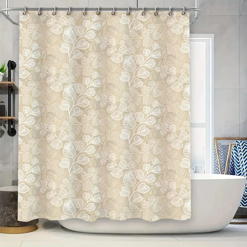 VIKAMA Boho Botanical Bath Curtain Neutral Tone Outline Leaf Pattern Waterproof Shower Curtain for Bathroom Decor