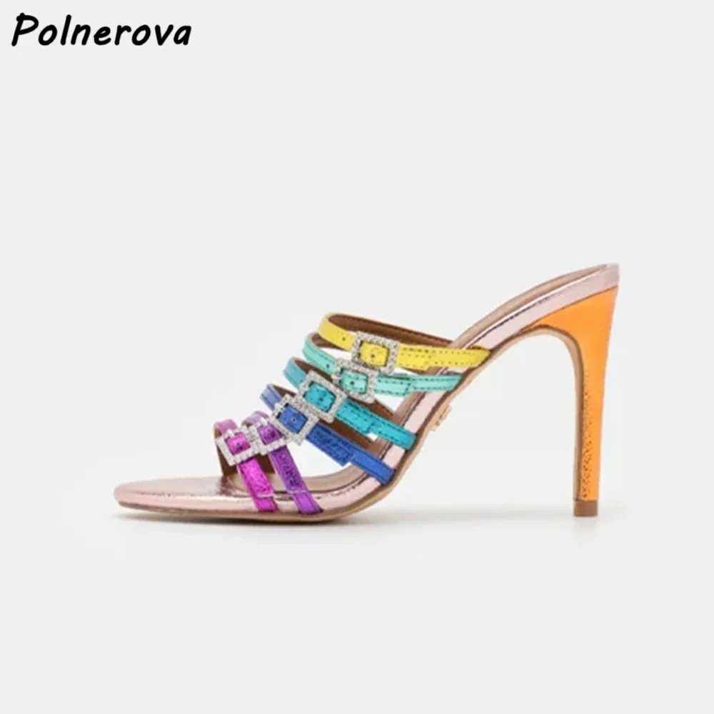 

Colorful Rhinestone Buckle Slippers Summer Outdoor Slip On Fashion High Heels Shoes Fashion 2025 Round Toe Stiletto Shoes
