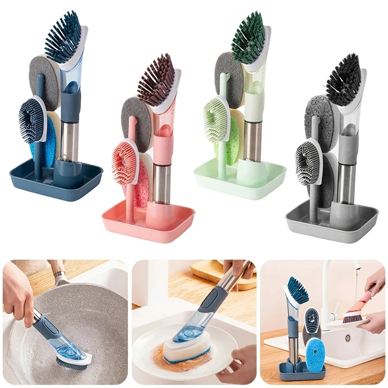 4 in 1 plus liquid pot brush multi-function cleaning household kitchen oil stain pot brush sponge brush  handle cleaning brush