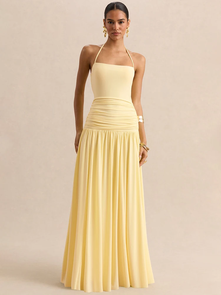 

Blifanbo Halter Off-shoulder Sexy Maxi Dress Women Elegant Strapless Sleeveless Backless Ruched Bodycon Club Party Long Dress