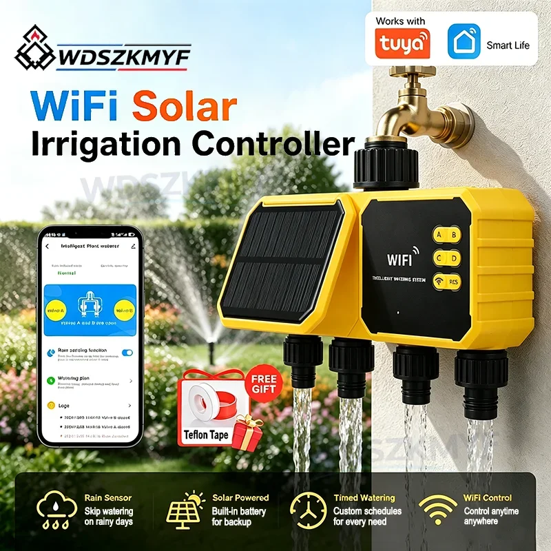 Outdoor Solar WiFi Irrigation System 2/4 Outlet Programmable Smart Water Timer Automatic Timing Irrigation Controller with Rain