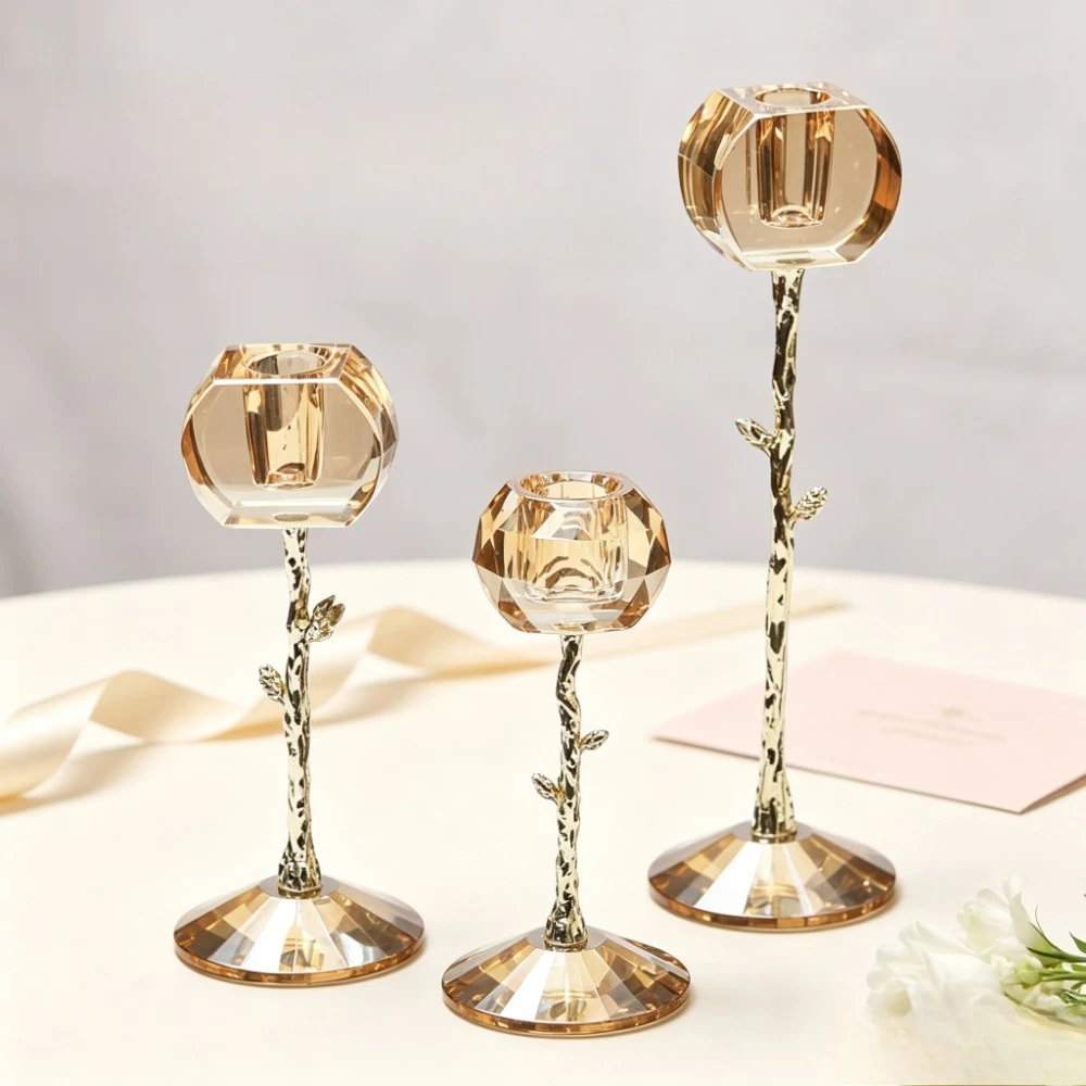 Amber Crystal Taper Candle Holder Metal Branch Candlestick Elegant Tabletop Ornament for Wedding Dining Home Decor