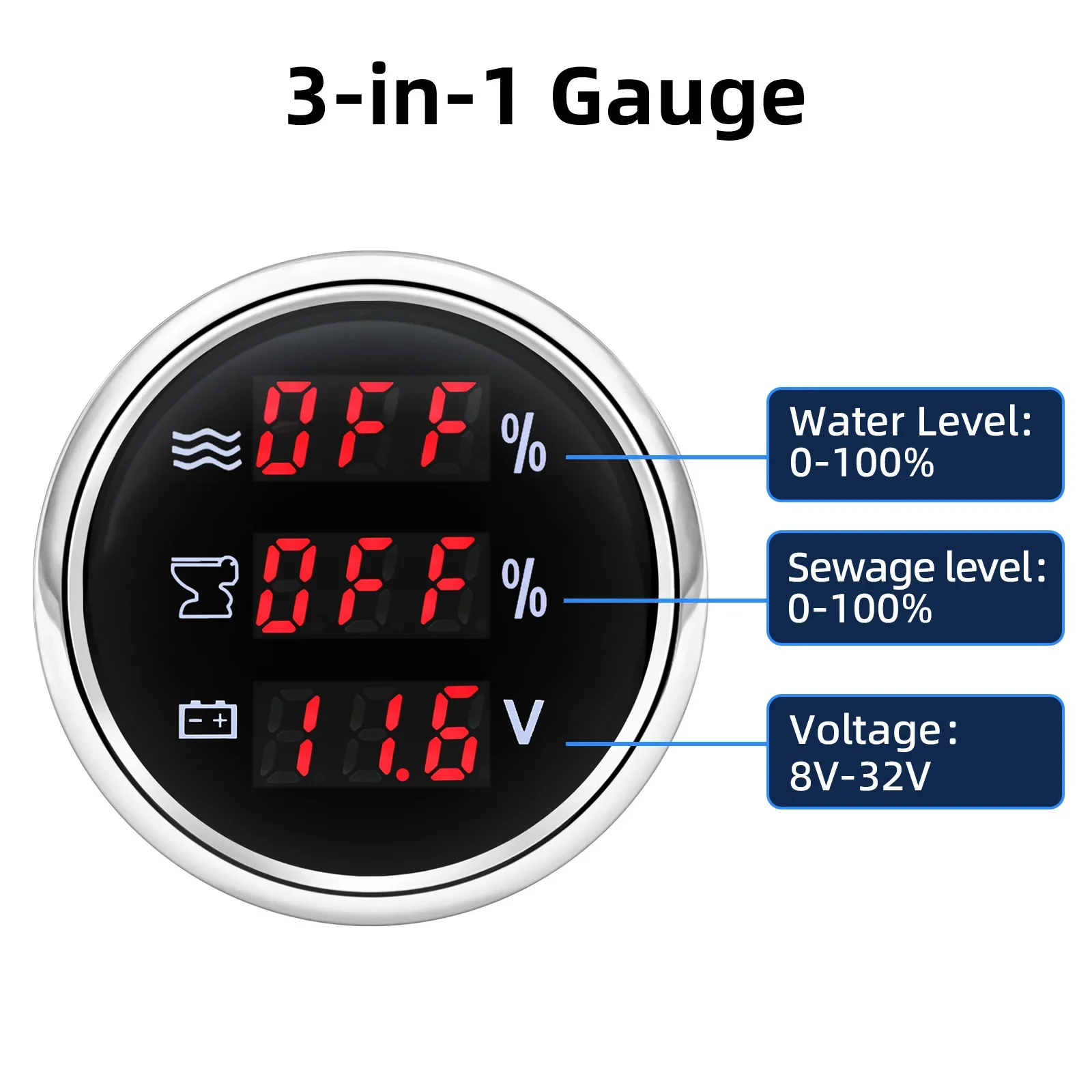 Red LED Digital 52mm 3In1 Gauge 0-190ohm Water Level Indicator+Sewage Level Gauge+Voltmeter for Water Waste Level Sensor Custom