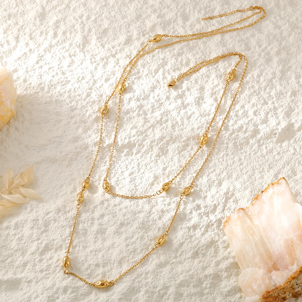 Oval Beaded Long Necklace for Women Stainless Steel Sweater Chain Gold Plated 2 Strings Waterproof Jewelry Gift