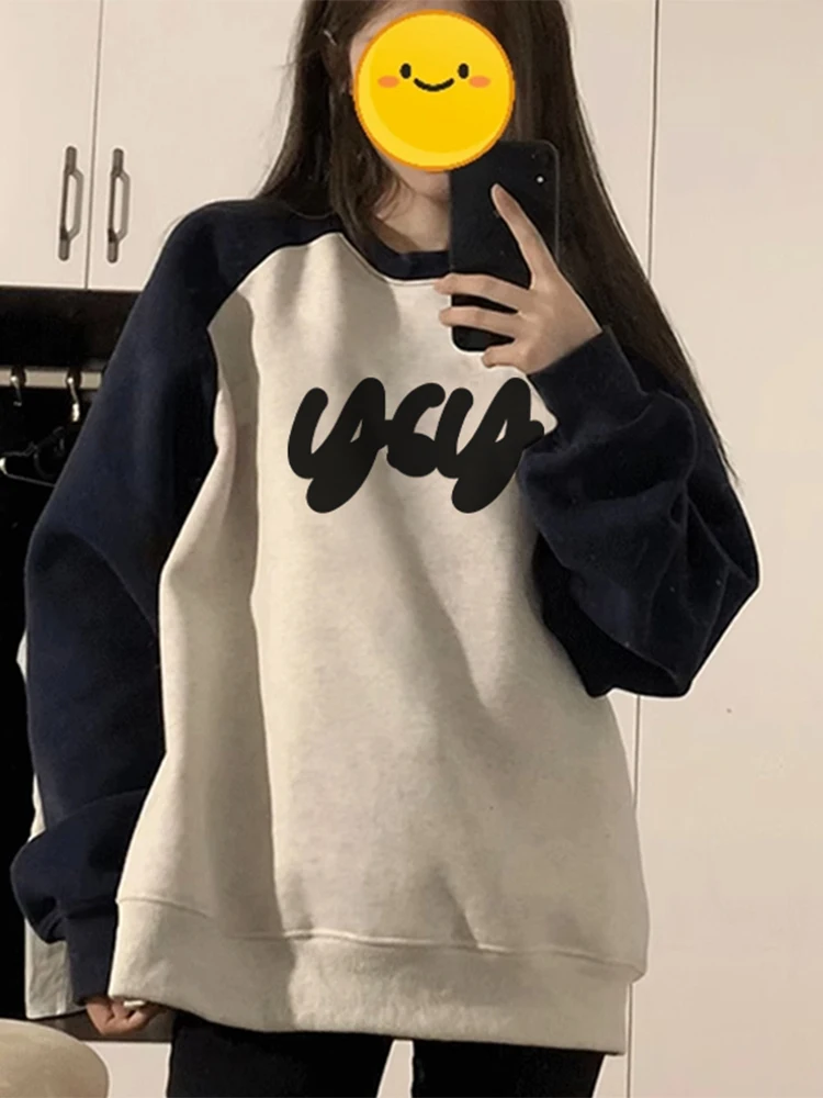 

Американский свитшот-худи с круглым вырезом, женский, новинка 2026, свободный крой, с вставками на плечах, на флисовой подкладке, с длинными рукавами