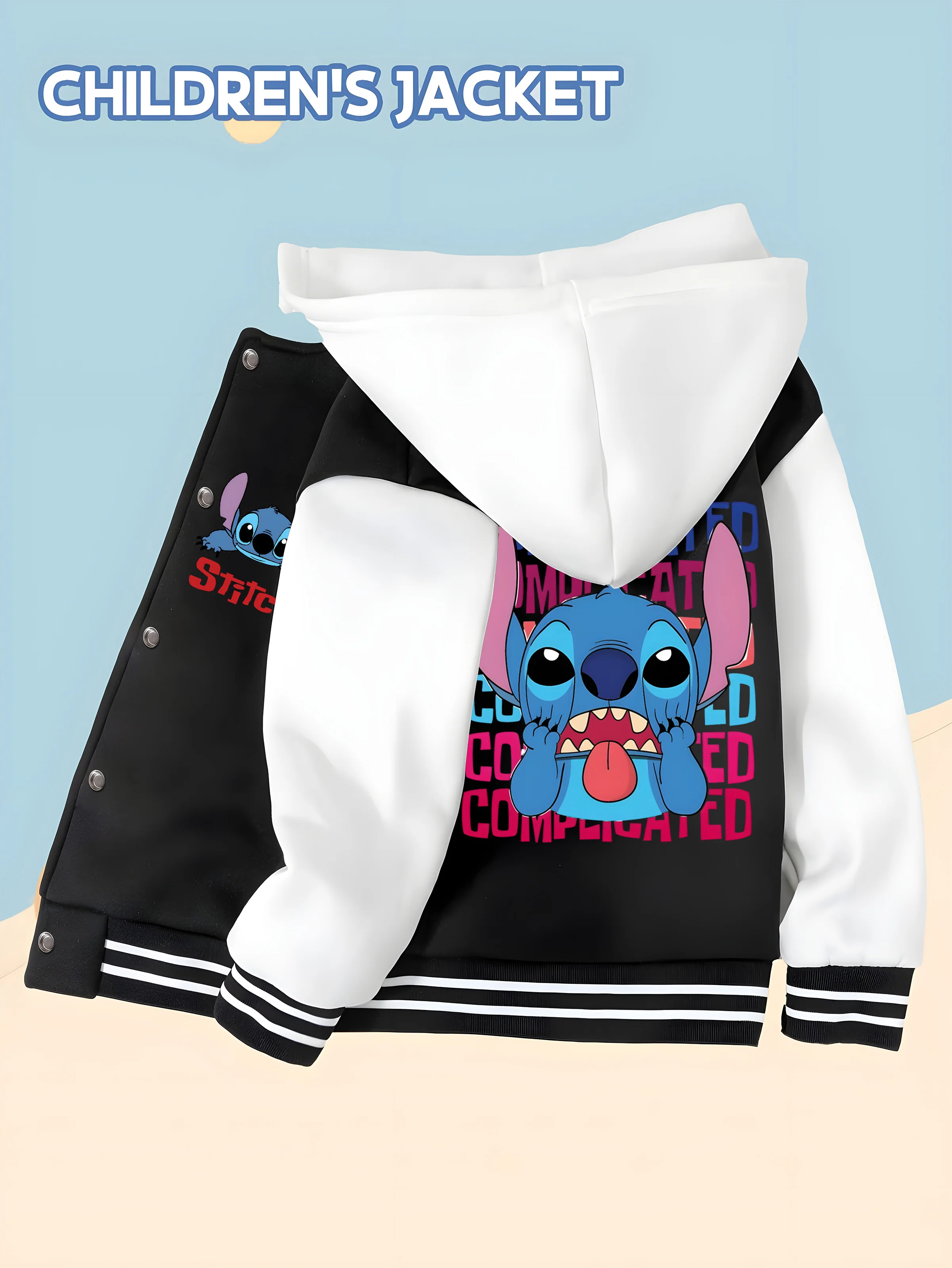 

MINISO Disney Boys' Baseball Jacket - Stitch's funny expression print, lettering on the back, warm and durable, playful and cute