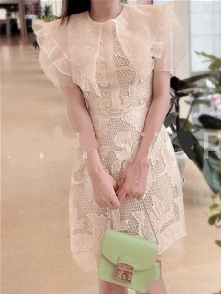 Frau Kleid Kleider Frauen A-Line Elegante Stickerei Floral Print Boho Mesh Party Spitze Sommer 2022 Sexy Kurze Puff Sleeve Solide