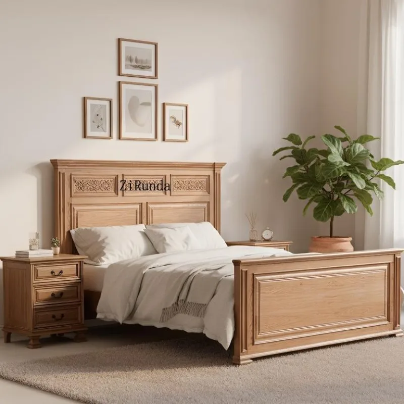 Simple solid wood bed with carved pattern and comfortable headboard - bedroom set