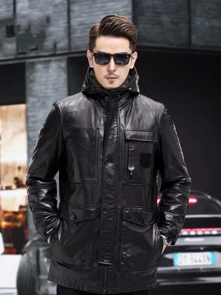 Winter Business Men Oil Wax Cowhide Work Jacket Mid Long Thick Down Liner Genuine Leather Overcoat Hooded Slim Fit Cargo Coats