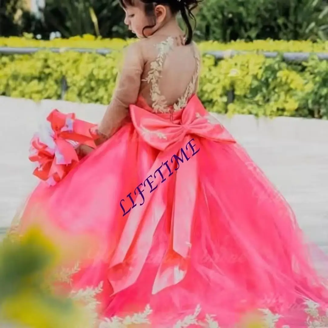 Satin Flower Girl Dress with Long Sleeves for Weddings Toddler Bow Ball Gown Pageant Sparkly Party Customized Girls Outfit