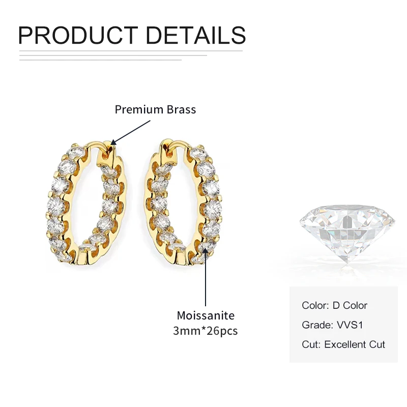 Rrjzz 3 mm brillante, vollfarbige Moissanit-Innen- und Außenreihen-Inlay-Creolen für Damen, luxuriöse ewige Ohrringe, Schmuck, Geschenke – Detail 1