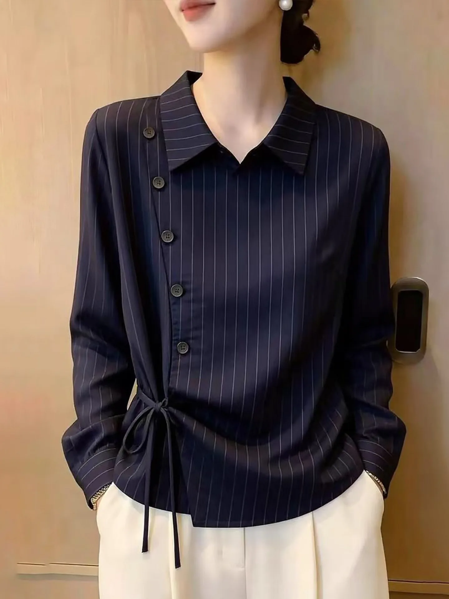 Fashionable Striped Long Sleeve Shirt Women's Autumn New Style Slimming Button Drawstring Versatile Elegant Top Trendy