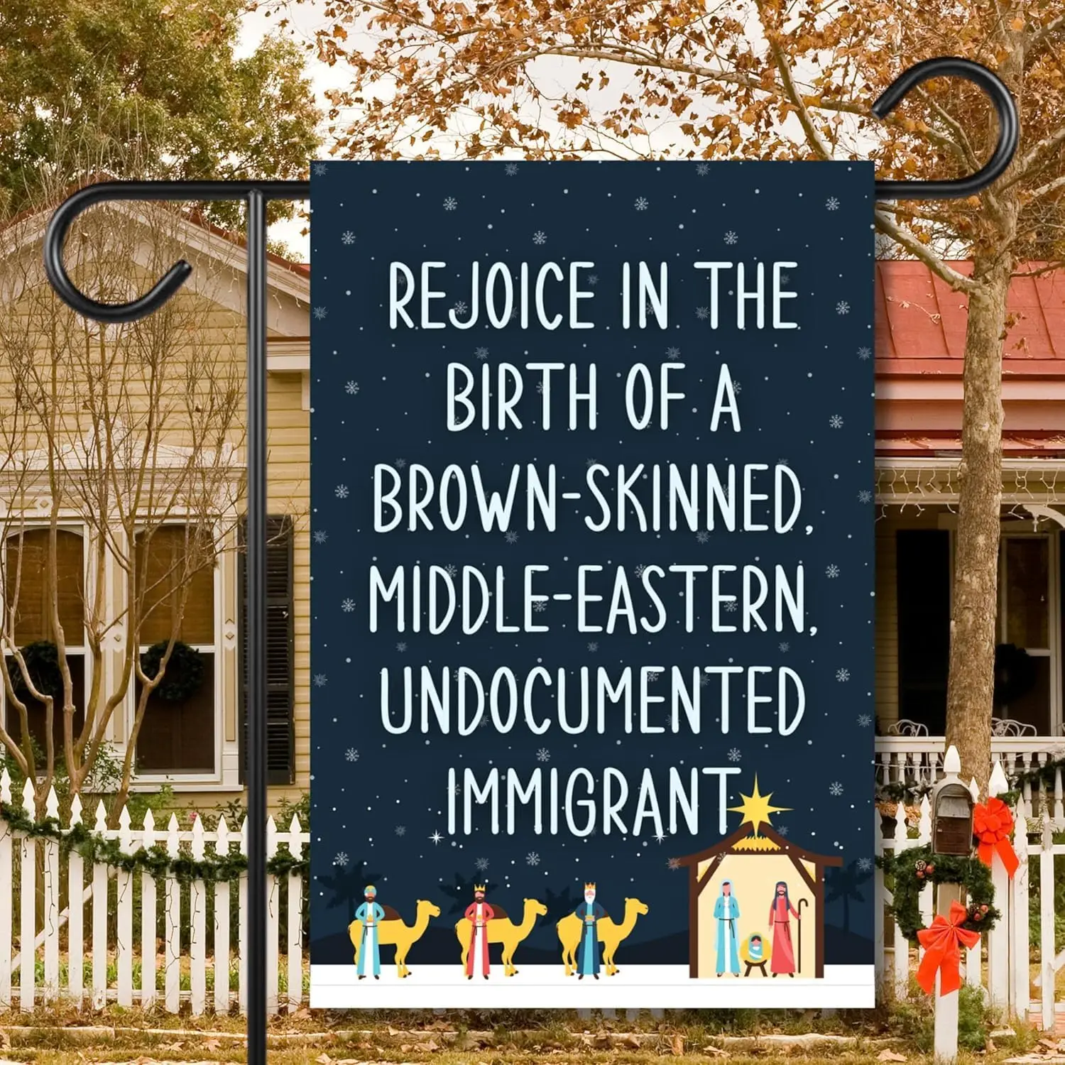 2025 Flag Garden Decor Christmas,Christmas Yard Flag-Rejoice in the Brith of a Brown-Skinned Middle-Eastern,Undocumented Imm yyi