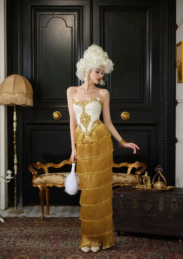 

Custom Ginger Yellow Vintage Victorian Evening Gown Embroidered Strapless Corset Fringe Hemline Special Occasion Ball Gown