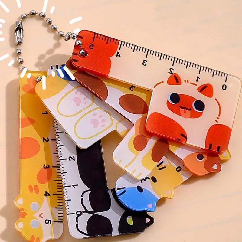 5pcs/set Cute Cartoon Animal Cat Dog Acrylic Ruler Set with Keychain Portable Measuring Straight Ruler Student Stationery Gifts