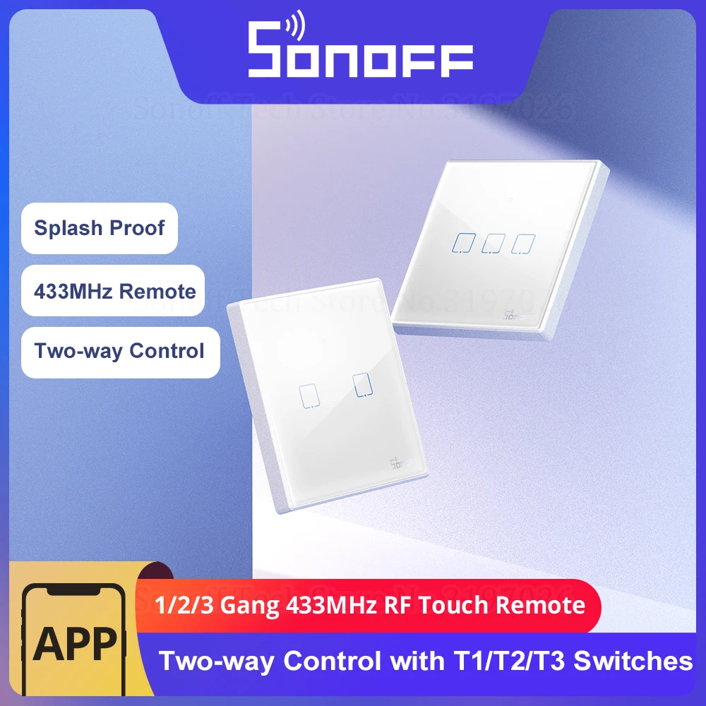 SONOFF T2EU-RF Wall Panel Sticky 433MHz RF Remote Wireless 1-3 Gang Two-Way Control with 4CHPROR3 RFR2 TX Wall Switches