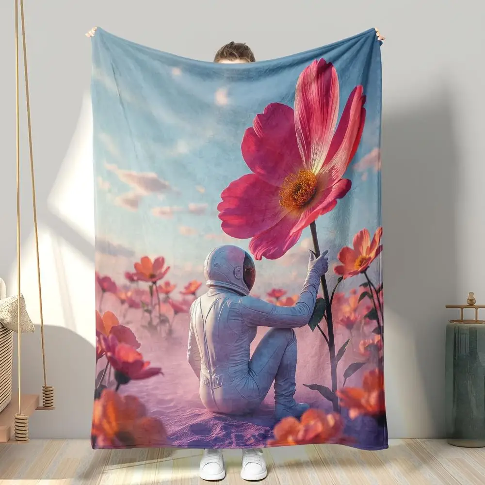 Surreal Astronaut Blooming Flower Pattern Flannel Blanket Warm Cozy Printed Throw Blanket for Living Room Bedroom Travel