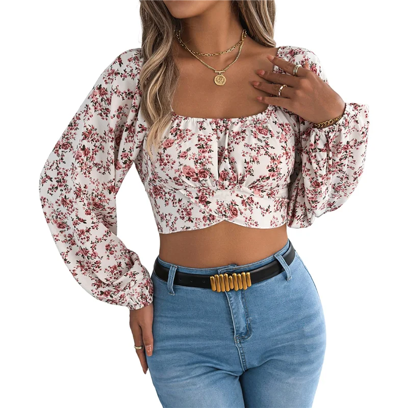 

ASDS-Women's Floral Cropped Top Square Neck Tie Backless Shirt Top
