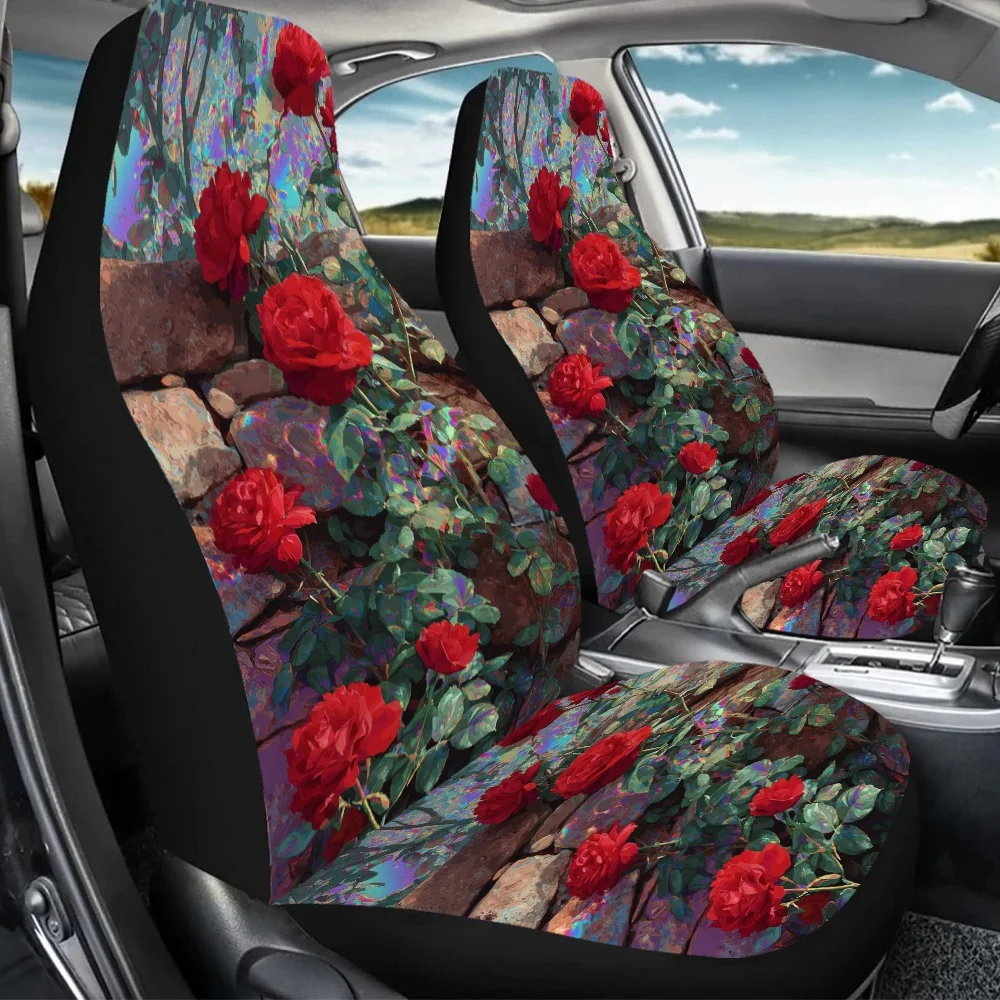 2pcs Vivid Rose Garden Print Car Seat Covers | Universal Fit For Car, SUV, Sedan, Enhances Driving Pleasure, Made Of Polyester F