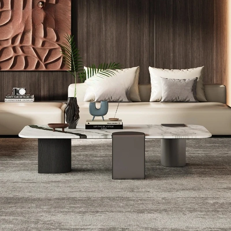 Moderno e minimalista aço inoxidável cinza madeira pé natural luxo pedra mármore retangular mesa de centro