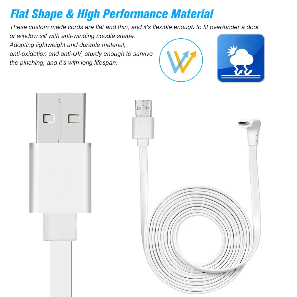 Cable de alimentación de carga de 2M/6,6 pies, Cable Micro USB plano resistente a la intemperie para Arlo Pro, Arlo Pro 2, Arlo GO, Arlo Light