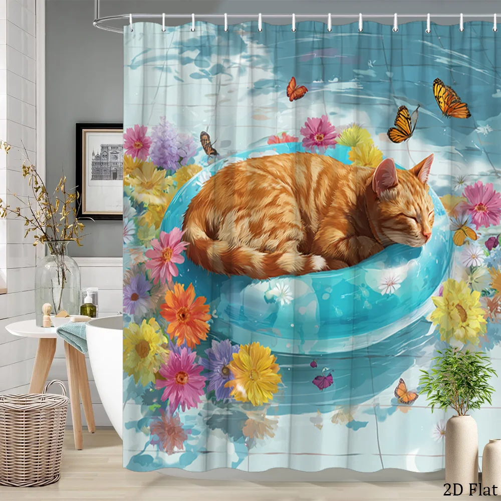 

Cute Cat Floral Art Shower Curtain Waterproof Bathroom Decor Pet Animal Flower Design 180x200cm Premium Style Curtain