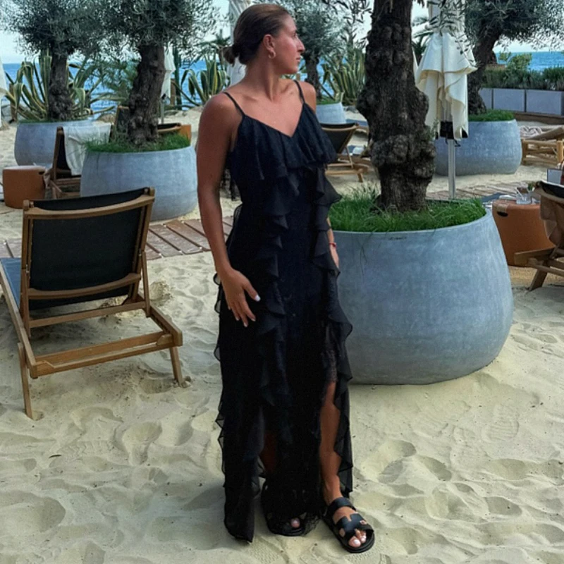

Typhaland Lace Ruffled Spaghetti Strap Dress Women's Sexy Slit Slim Long Dress Sleeveless Splice Summer 2026 Vacation Lady Dress