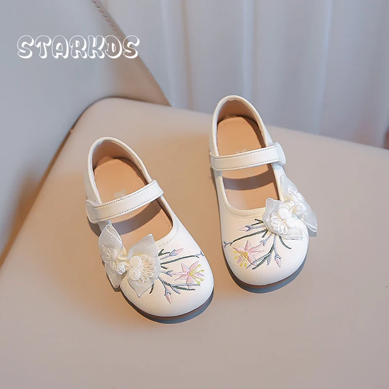 Chinoiserie Floral Embroider Ballet Flats Girls  Lace Bowknot Mary Jane Zapatos Kids Retro Hanfu Shoes In Pink Green Color