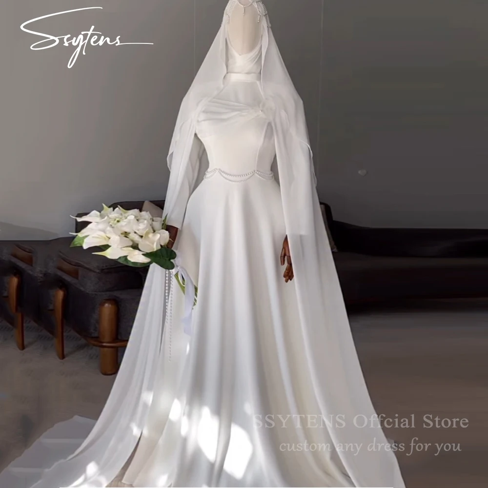 SSYTENS Modest Muslim Wedding Dresses Customized Brides High Neck Pearls Nikkah Caftan A Line Bridal Gowns Long Vestido De Noiva