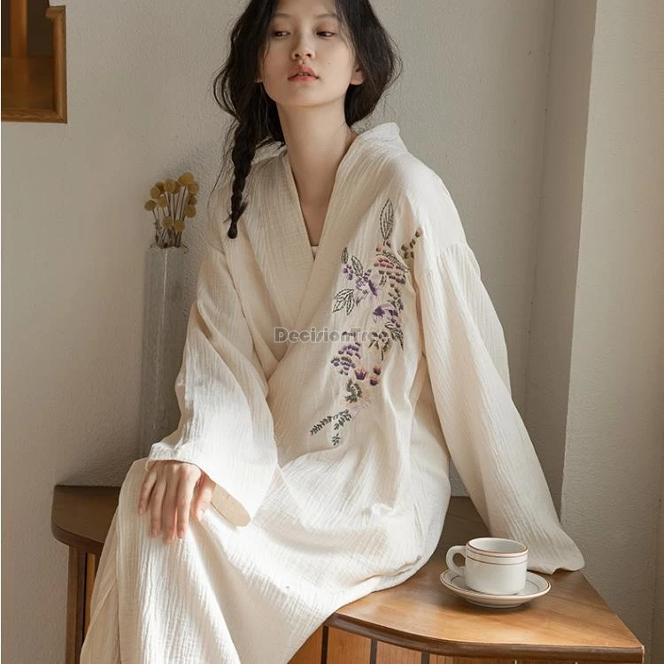 

2026 chinese national ancient style embroidery hanfu nightgown womensummer pure cotton long bathrobe cross collar pajamas robe