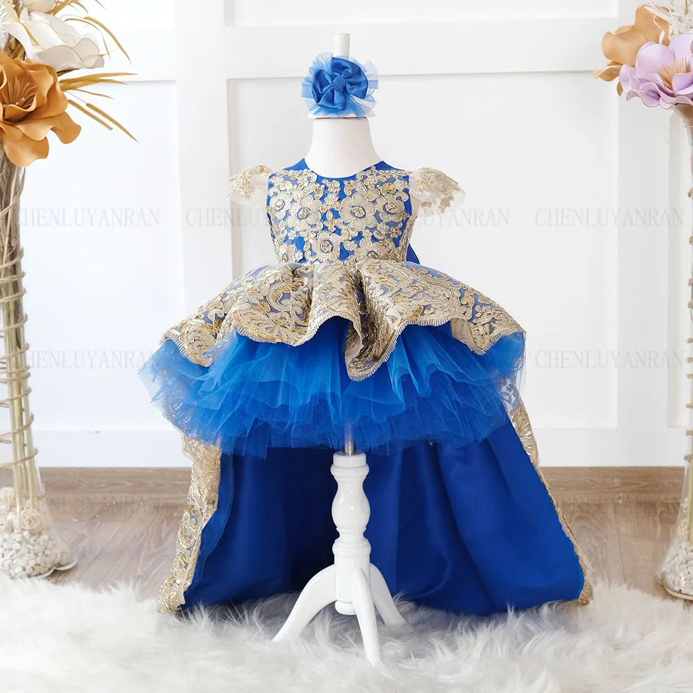 

Gold Applique Flower Girl Dresses O-Neck Princess Dress Tulle First Communion Dress Hi-Lo Puffy Girl Birthday Gown Child Dress