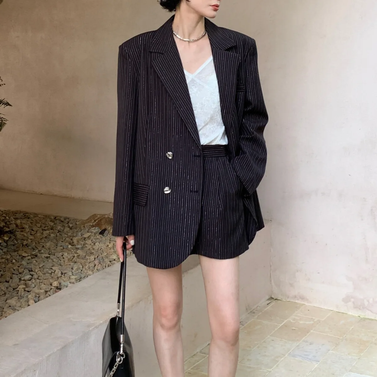 KWTX 여성 블레이저 더블 브레스티드 컬러 블록 스트라이프 라펠 캐주얼 엘레강트 디자이너 프리미엄 가을 패션 미니멀리스트 2025